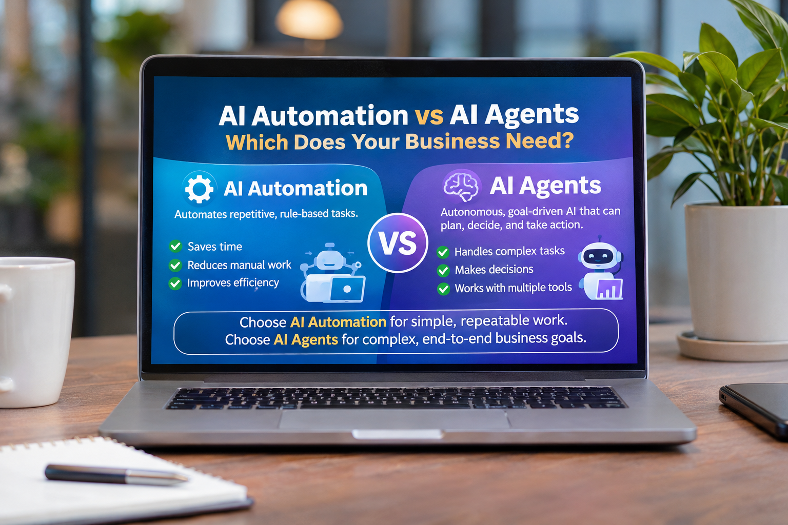 AI Automation vs AI Agents Desk Infographic